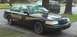 1998 Ford Crown Victoria - A black Ford Crown Victoria with a distinctive gold stripe is parked on a residential street next to a tree.