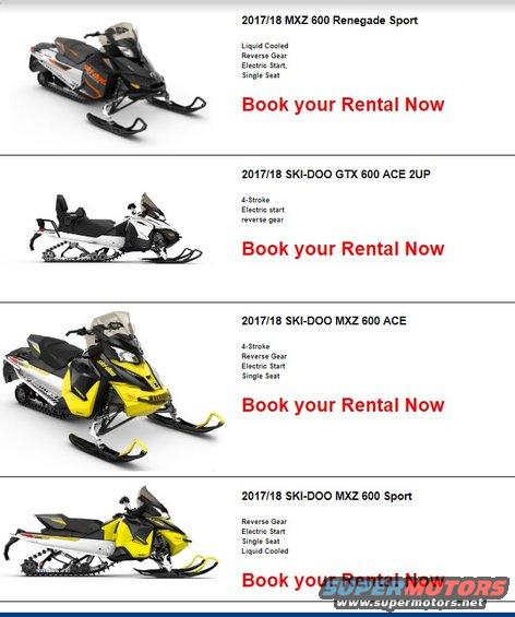 Four snowmobiles are shown, each with a description and a 'Book your Rental Now' button