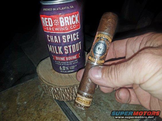 Perdomo Maduro cigar and Red Brick Brewing Co. Chai Spice Milk Stout can