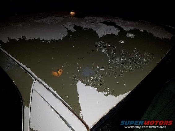 White car roof with peeling paint and water damage, showing a side marker light