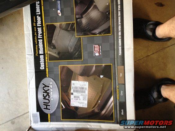 Box for Husky Liners custom molded front floor liners, showing product images and color swatches