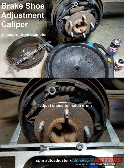 shoecaliper.jpg Drum Brake Shoe Caliper allows setting the autoadjuster before installing the drum
IF THE IMAGE IS TOO SMALL, click it.

With or without this tool, spin the autoadjuster until the drum will barely slip on & spin freely.