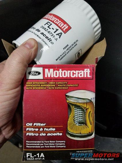 oilfilterfl1a.jpg FL-1A Oil Filter fits all smallblock engines withOUT factory oil cooler (use FL-820S).
This filter is made by Purolator, but is NOT identical to any Purolator-branded filter.

Drain bolt torque: 15-25 lb-ft (I recommend  [url=https://www.fumotooildrainvalve.com/?target=model_product&modelId=16705]Fumoto F106[/url] for most smallblock Ford V8s or [url=https://www.fumotooildrainvalve.com/?target=model_product&modelId=16516]F101[/url] for 4.9L I6)
Oil pressure: 40-60psi hot at 2000RPM
If the vehicle is used in a manner that allows it to remain stationary while the engine is running for long periods (door-to-door delivery, power/utility company trucks or similar duty), then Ford recommends increasing frequency of oil and filter changes to an interval equivalent to 200 engine hours of use. Since most vehicles are not equipped with hourmeters, it may be necessary to approximate idle time and plan oil/filter changes accordingly.

See also:
[url=http://minimopar.knizefamily.net/oilfilters/]Oil Filter Comparison[/url] (navigation is not apparent - continue to &quot;Reference Filter&quot; or &quot;main article&quot; links near top of page)
[url=http://www.bobistheoilguy.com/]BobIsTheOilGuy[/url]
[url=https://thelubepage.com/amsoil-magazine-articles/magazine-articles/articles/synthetic-the-great-fraud]The Great Synthetic Oil Fraud[/url]
[url=https://www.fleet.ford.com/maintenance/owners_manuals/default.asp]Download owner's manuals FREE from Ford[/url]

[url=https://www.supermotors.net/registry/media/1162796][img]https://www.supermotors.net/getfile/1162796/thumbnail/oilfilter.jpg[/img][/url] . [url=https://www.supermotors.net/vehicles/registry/media/1166912][img]https://www.supermotors.net/getfile/1166912/thumbnail/6engflushed.jpg[/img][/url] . [url=https://www.supermotors.net/registry/media/1161548][img]https://www.supermotors.net/getfile/1161548/thumbnail/02oilfumotofl1a.jpg[/img][/url] . [url=https://www.supermotors.net/registry/media/258880][img]https://www.supermotors.net/getfile/258880/thumbnail/oil-temp-range.jpg[/img][/url] . [url=https://www.supermotors.net/registry/media/1052213][img]https://www.supermotors.net/getfile/1052213/thumbnail/fumoto106.jpg[/img][/url] . [url=https://www.supermotors.net/registry/media/1130518][img]https://www.supermotors.net/getfile/1130518/thumbnail/smallblockoiling.jpg[/img][/url] . [url=http://www.supermotors.net/registry/media/833143][img]http://www.supermotors.net/getfile/833143/thumbnail/maintsched92.jpg[/img][/url] . [url=http://www.supermotors.net/registry/media/768241][img]http://www.supermotors.net/getfile/768241/thumbnail/switchsenderv8.jpg[/img][/url]
____________________________________________________
SSM# 19462 OASIS MESSAGE :
SOME 1997-2007 E150/F150, 1997-2007 CROWN VIC./GRAND MARQUIS/TOWN CAR, 1997-2004 MUSTANG GT, 1997-1998 T-BIRD/COUGAR AND 2002-2005 EXPLORER/MOUNTAINEER WITH 4.6L 2V ENGINE MAY EXPERIENCE AN ENGINE TICKING OR RATTLE NOISE THAT SOUNDS LIKE A STUCK TAPPET (HLA). THIS MAY BE DUE TO THE DETERIORATION OF AN AFTERMARKET OIL FILTER. VEHICLES WITH THIS CONDITION HAVE LOW OIL PRESSURE AT ONE CYLINDER HEAD ONLY, WHILE MAIN PRESSURES ARE NORMAL. DISLODGED MATERIAL FROM THE AFTERMARKET OIL FILTER BLOCKS THE CAM CAP OIL PASSAGE, EITHER AT CYLINDER #4 (RIGHT BANK REAR) OR CYLINDER #5 (LEFT BANK FRONT). FORD RECOMMENDS THE USE OF FORD APPROVED FILTERS ONLY. DAMAGE TO ENGINES CAUSED BY AFTERMARKET OIL FILTERS ARE NOT COVERED UNDER WARRANTY.
____________________________________________________
TSB 01-24-6 ENGINE - ENGINE OIL SYSTEM PRIMING PROCEDURES - SERVICE TIPS
12/10/01

FORD:1995-1997 PROBE, THUNDERBIRD
1995-2000 CONTOUR
1995-2002 CROWN VICTORIA, ESCORT, MUSTANG, TAURUS
2000-2002 FOCUS
2002 THUNDERBIRD
1995-1996 BRONCO
1995-1997 AEROSTAR, F-250, F-350
1995-2002 E SERIES, EXPLORER, F-150, RANGER, WINDSTAR
1997-2002 EXPEDITION
1999-2002 SUPER DUTY F SERIES
2000-2002 EXCURSION
2001-2002 ESCAPE, EXPLORER SPORT TRAC, EXPLORER SPORT
LINCOLN:1995-1998 MARK VIII
1995-2002 CONTINENTAL, TOWN CAR
2000-2002 LS
1998-2002 NAVIGATOR
2002 BLACKWOOD
MERCURY:1995-1997 COUGAR
1995-1999 TRACER
1995-2000 MYSTIQUE
1995-2002 GRAND MARQUIS, SABLE
1999-2002 COUGAR1995-2002 VILLAGER
1997-2002 MOUNTAINEER

ISSUE: Reports of premature engine failure suggest some overhauled, new and/or remanufactured engine oil Systems are not correctly primed prior to initial engine start-up, after being installed in the vehicle. This may cause oil starvation during initial engine start-up.ACTIONPrior to starting a new, overhauled or remanufactured engine, the oil pump and oil system should be primed to eliminate the possibility of oil starvation at start-up. Refer to the following Service Information for details.

SERVICE INFORMATION: Regardless of engine design, it is extremely important that the engine oil pump is correctly primed, prior to initial engine start-up.

Overhead Cam Engines (OHC): Overhead cam engines use a G-rotor pump design and is driven by the crankshaft. If the engine is overhauled, the oil pump (prior to assembly) should be fed oil through the oil pick-up passage, prior to installing the pick-up tube and screen assembly. This can usually be accomplished by rotating the oil pump while oil is being fed into the oil pump inlet. Once the oil pump is primed, the oil pump can then be installed onto the engine.Remanufactured engines are usually cold tested before leaving the plant. As a result, the oil pump should not have to be removed from the engine and primed.  Overhead cam engines, whether overhauled or remanufactured, prior to starting the engine, ensure the engine crankcase is filled to specification with engine oil. Disable the fuel supply to the fuel injectors (disable inertia fuel shut-off switch) and crank the engine in fifteen (15) second increments, until the oil pump is primed. An oil pressure gauge can be used to assist in determining when oil pressure is obtained.  NOTE:  ENSURE THE INERTIA FUEL SHUT-OFF SWITCH IS RE-ENABLED PRIOR TO ATTEMPTING TO START ENGINE.

Overhead Valve Engines (OHV): Overhead valve engines (push-rod type) use an oil pump driven by the camshaft via an intermediate shaft connected to the distributor or camshaft synchronizer assembly.Whether the engine is overhauled or remanufactured, the oil pump should be primed prior to starting the engine. If the engine is overhauled, ensure the crankcase is filled to specification with engine oil and using an engine oil pump priming tool kit, (commercially available) rotate oil pump until it is primed. An oil pressure gauge can be used to assist in determining when oil pressure is obtained.If a remanufactured engine is being installed, after the installation has been completed, ensure the crankcase is filled to specification with engine oil. Disable the fuel supply to the fuel injectors (disable inertia fuel shut-off switch) and crank the engine in (15) second increments, until the oil pump is primed. An oil pressure gauge can be used to assist in determining when oil pressure is obtained.  NOTE   ENSURE THE INERTIA FUEL SHUT-OFF SWITCH IS RE-ENABLED PRIOR TO ATTEMPTING TO START ENGINE.

OTHER APPLICABLE ARTICLES: NONE
WARRANTY STATUS: INFORMATION ONLY
OASIS CODES: 401000, 497000, 499000

[url=http://www.supermotors.net/registry/media/723871][img]http://www.supermotors.net/getfile/723871/thumbnail/tsb880809dipstick.jpg[/img][/url] . [url=http://www.supermotors.net/registry/media/723978][img]http://www.supermotors.net/getfile/723978/thumbnail/tsb900109oillosstest.jpg[/img][/url]