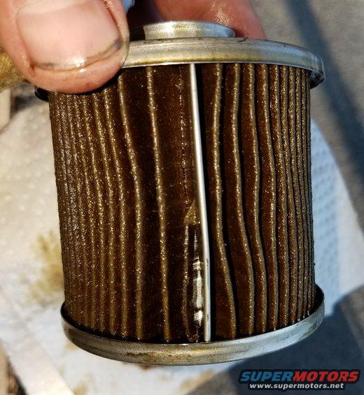 Used oil filter with dirty pleats held by fingers. Supermotors.net logo visible