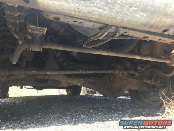 Underside view of vehicle suspension and drivetrain components