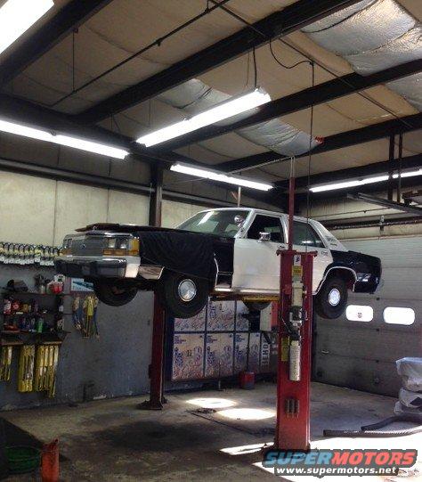 Black and white Ford sedan lifted on a two-post lift in a garage with hood open