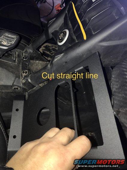 Interior view of a black metal bracket being installed, with text overlay 'Cut straight line'