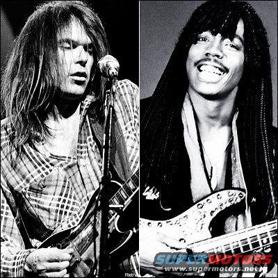 Split image: Neil Young on left, Rick James on right, both playing guitars