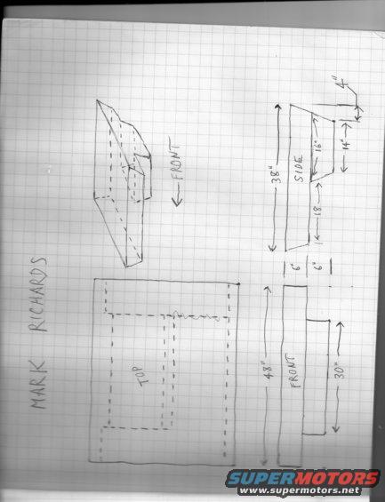Diagram showing dimensions for a vehicle part, labeled 'front', 'side', and 'top'
