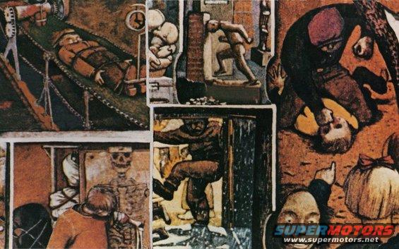 Mural depicting various scenes, including figures, a skeleton, and a scale