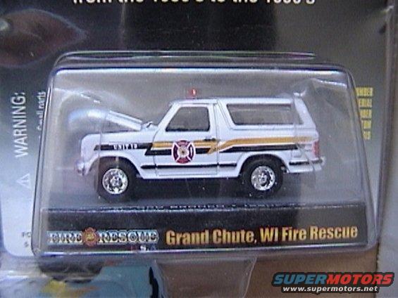 Toy fire rescue Bronco with Grand Chute, WI markings. Hood is open