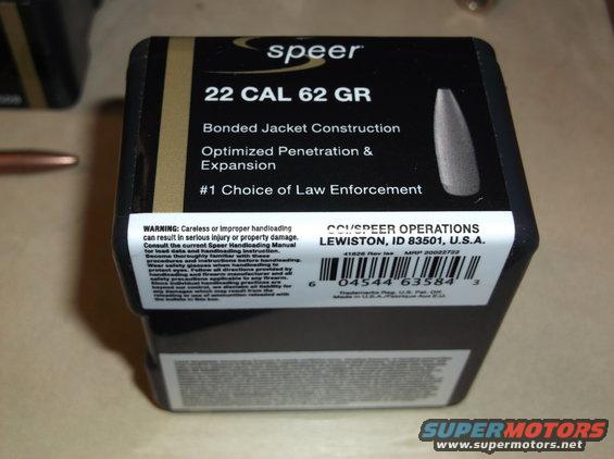 Box of Speer 22 Cal 62 GR bullets with warning label