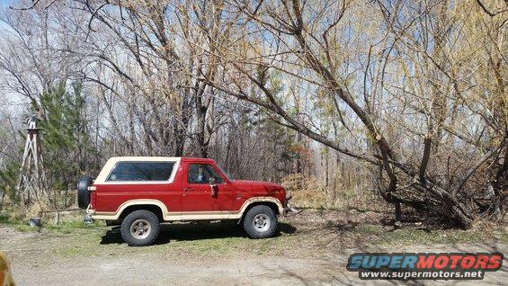 Red and tan Ford Bronco parked on a dirt road next to trees