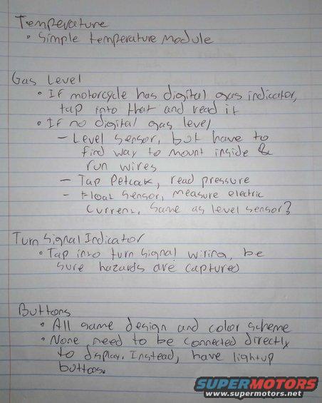 Original notes on how to include temperature, gas level, turn signal indicator, and buttons