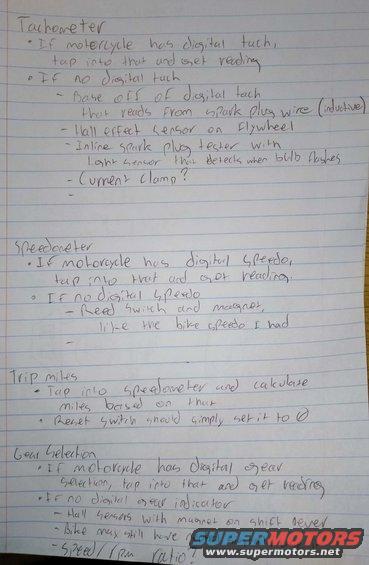 Original notes on how to include tachometer, speedometer, trip miles, and gear selection.