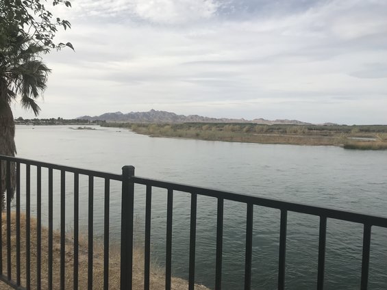 River scene with mountains, palm tree, and railing