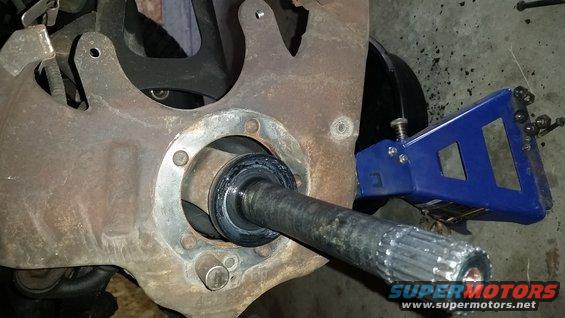 This is the view with the spindle off.  Notice the inner spindle seal--this should be replaced while you have things apart.  At this point the axle can be pulled out of the 3rd member.  Be prepared for oil to start dripping out of the 3rd member.