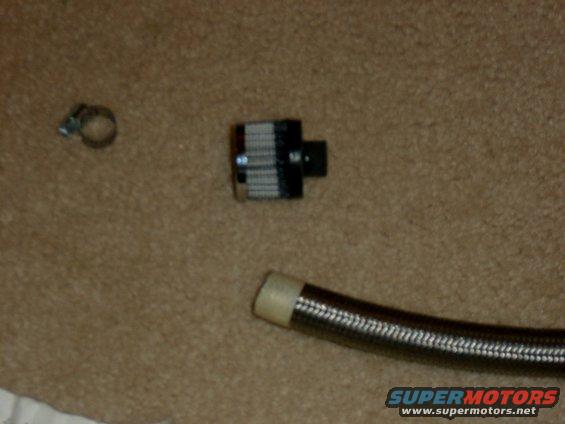 I bought a K&N crank case vent filter (summit part #KNN-62-2470) and a 3&rsquo; piece of 
-10AN braided stainless tubing, which was mostly for looks.
