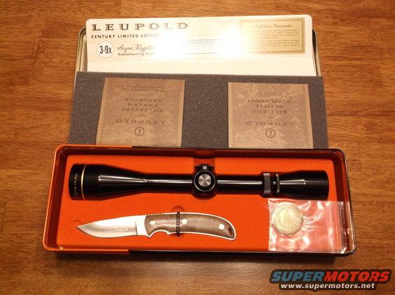 Leupold Century Limited Edition 3-9x rifle scope with Argon Krytpon, owner's handbook, ballistic supplement, and a knife