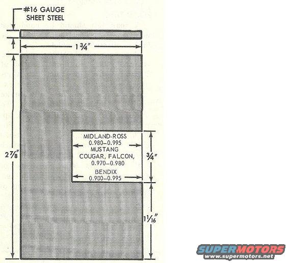 Diagram showing dimensions for #16 gauge sheet steel, listing Midland-Ross, Mustang, Cougar, Falcon, and Bendix