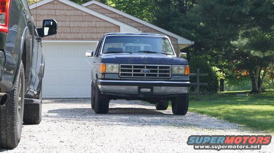 Dark blue 1987 Ford Bronco parked in front of a garage