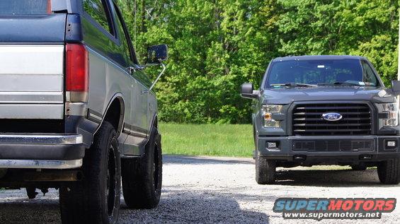 Rear view of a two-tone SUV parked next to a gray pickup truck