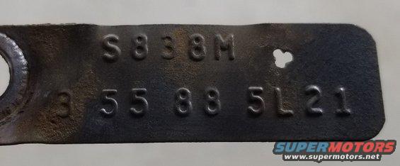 Rear axle tag

S838M (Sterling axle plant; internal coding)
3 55 88 5L21 (3.55 ratio, open diff; 8.8" axle; 1995 December 21)

Odo 299,062.2mi