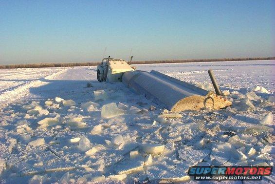Truck stuck in ice on a frozen body of water