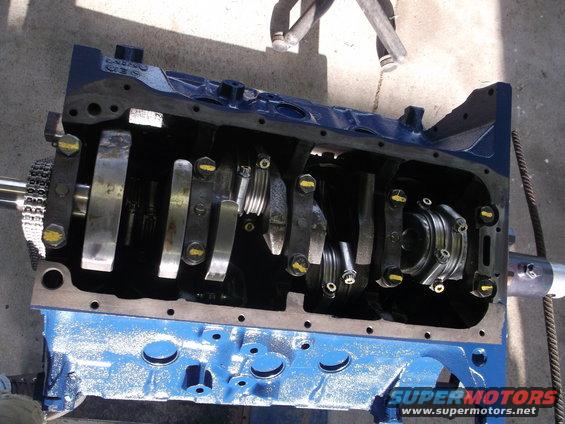 Scat 3.98" cast crank, Scat 6.49" H-beam rods with ARP upgrade, Speed-Pro 4.17" forged pistons, Melling 57-B  oil pump.