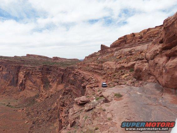 White SUV on a narrow dirt road beside a deep red rock canyon
