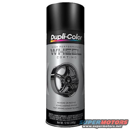 Black spray can of Dupli-Color High Performance Wheel Coating with a graphic of a chrome wheel