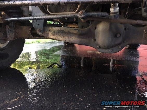 Undercarriage view of a vehicle's rear differential and suspension
