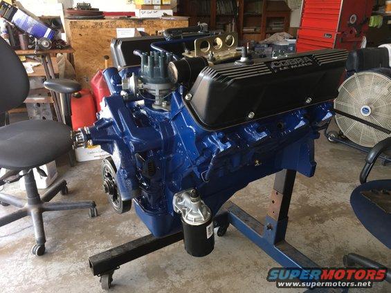 Blue 428 Cobra Le Mans engine on stand