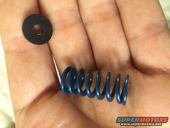 Blue coil spring and black washer held in a hand