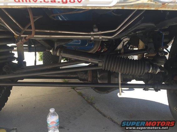 Underside view of steering linkage and suspension components