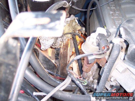 Close-up of engine bay with hoses, wires, and engine parts visible