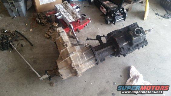 Transmission and transfer case assembly on concrete floor
