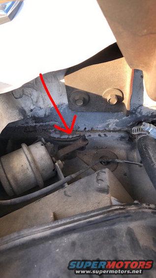 Close-up of engine bay with a red arrow pointing to a component near a vacuum canister