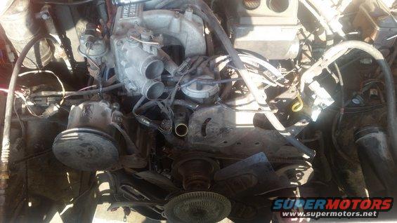 Engine bay with various hoses, belts, and engine components visible. A fan is at the bottom