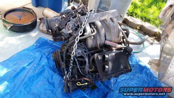 Ford engine with "FORD" visible on intake manifold, on blue tarp