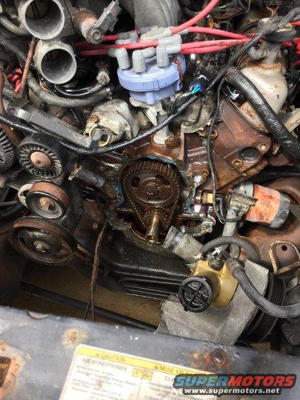 Engine timing chain, gears, and distributor cap visible. Some hoses and pulleys are also in view