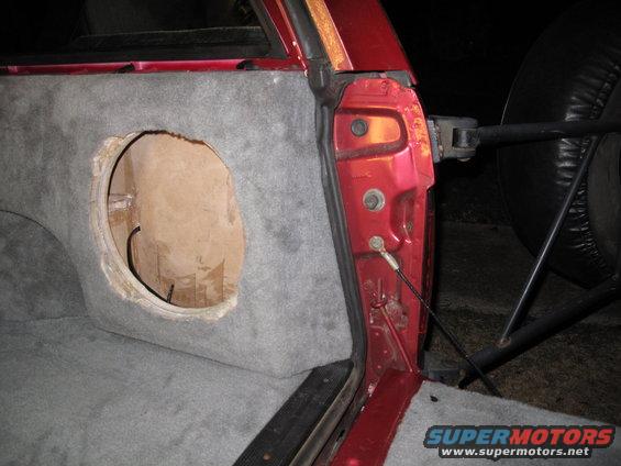 1994 Ford Bronco interior with custom subwoofer box installed in cargo area