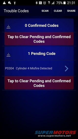 OBD-II scanner app showing 'Trouble Codes' with 0 confirmed and 1 pending code for Cylinder 4 Misfire
