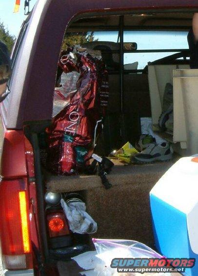 Back of a red SUV loaded with bags, shoes, and a cooler