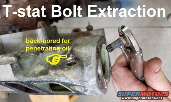Drilling a hole into this blind boss to let some penetrating oil soak for a few days paid off.  This bolt was the easiest (of the 8 that broke on this truck) to extract because it was sticking out enough to grab with vise-grips, and simply back out.  Each of the others required substantially more work...

[url=https://www.supermotors.net/registry/media/1134727][img]https://www.supermotors.net/getfile/1134727/thumbnail/20180611_165506.jpg[/img][/url] . [url=https://www.supermotors.net/registry/media/1136928][img]https://www.supermotors.net/getfile/1136928/thumbnail/20180703_203332.jpg[/img][/url] . [url=https://www.supermotors.net/registry/media/1137769][img]https://www.supermotors.net/getfile/1137769/thumbnail/20180802_162144.jpg[/img][/url]