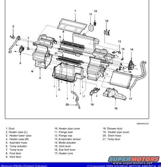 Exploded view diagram of a car's HVAC system with numbered parts and a list of components