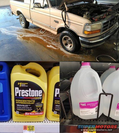 coolantneglect.jpg Top - EXPENSIVE
Bottom - affordable

This truck's coolant has been neglected to the point that all the rust in the system blocked up the heater core.  It took about 20 minutes with a garden hose blasting back & forth into each heater hose to unplug it, and rinse out something that looked like baby vomit.

[url=https://www.supermotors.net/vehicles/registry/media/1163985][img]https://www.supermotors.net/getfile/1163985/thumbnail/20210103_150315.jpg[/img][/url] . [url=https://www.supermotors.net/registry/media/173189][img]https://www.supermotors.net/getfile/173189/thumbnail/23-waterpump.jpg[/img][/url] . [url=https://www.supermotors.net/registry/media/1163713][img]https://www.supermotors.net/getfile/1163713/thumbnail/waterpumpimpeller.jpg[/img][/url]

THEN, we used the water pump (whose impeller had not yet rusted away) to empty & flush the rest of the cooling system out of the open heater hose nipples, while refilling the radiator continuously with tap water (which is when the top pic was taken).  After that ran reasonably-clear, the tap water was stopped so it could pump most of that out before dumping the lower hose, and then refilling with concentrate & distilled water.  These trucks need about 2 gallons of each (concentrate & water).

For the correct coolant type, follow the &quot;Quick Reference Charts&quot; link on this page:
https://www.fcsdchemicalsandlubricants.com/main/

Ready-mixed (50/50) coolant is MUCH more expensive & lower-quality than concentrate plus distilled water.  You can see from these prices that 2 gallons of coolant (1 concentrate plus 1 distilled) will cost me $11.69.  I couldn't even get 1 gallon of ready-mix for that.

NEVER buy &quot;long-life&quot; coolant - it doesn't last as long as normal-life.  The &quot;long-life&quot; label only applies to its antifreeze/antiboil characteristic - not to all the OTHER chemistry, which is what really matters.

See also:
[url=https://www.supermotors.net/registry/media/830769][img]https://www.supermotors.net/getfile/830769/thumbnail/heatercore8096.jpg[/img][/url] . [url=https://www.supermotors.net/registry/media/172860][img]https://www.supermotors.net/getfile/172860/thumbnail/smallblockcooling.jpg[/img][/url]