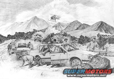 Pencil drawing depicting a chaotic scene with several cars, people, and a helicopter in a mountainous landscape