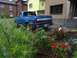 1994 Ford F-150 - A blue Ford pickup truck is parked in a driveway next to a garden and a brick house.
