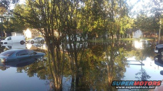 Flooded street with submerged cars and a van